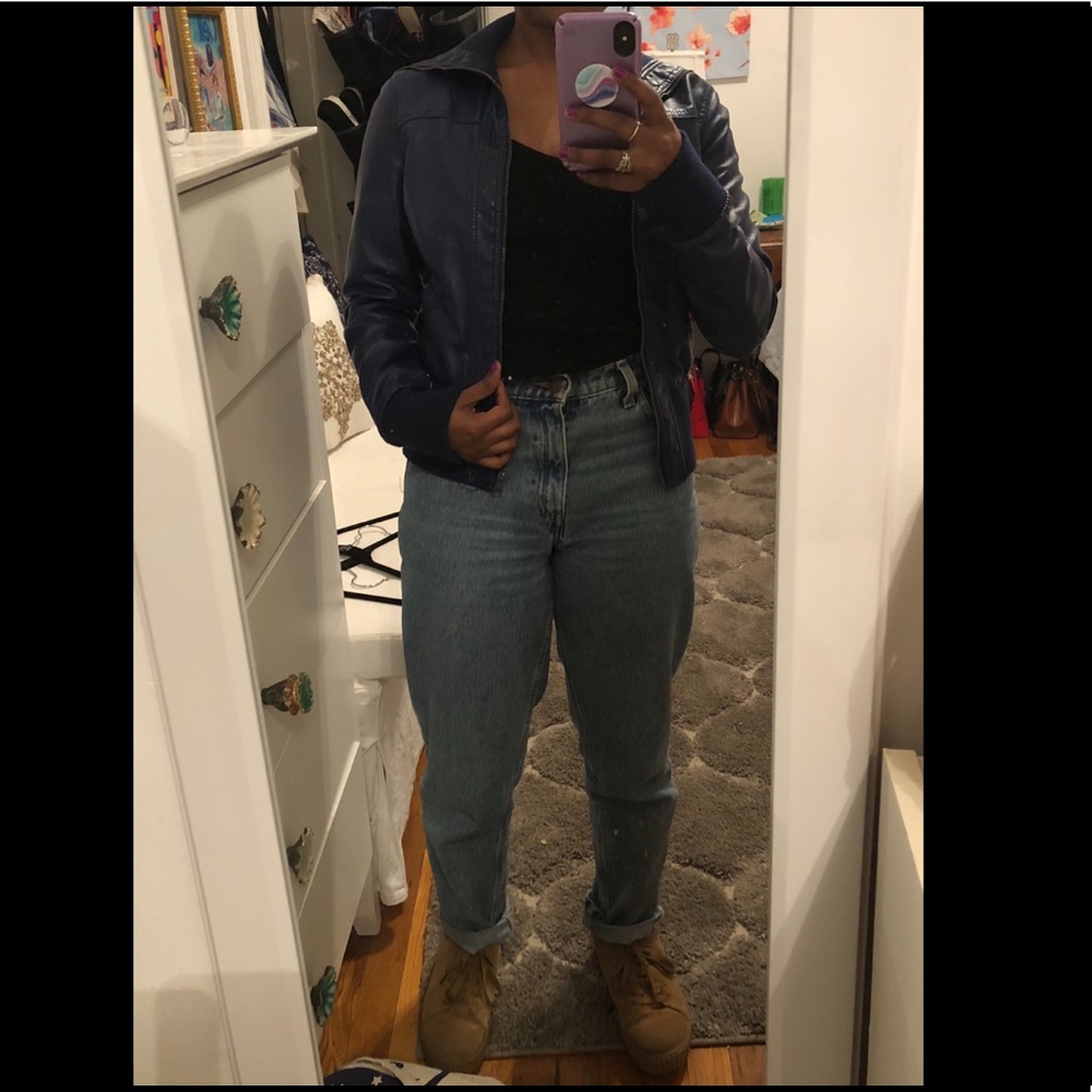 Blue Faux Leather Bomber Jacket
